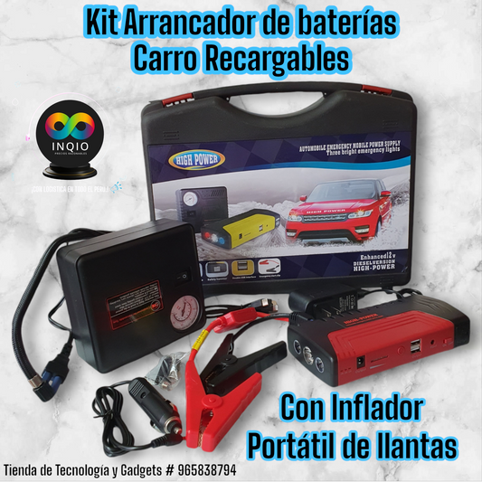 🚀 KIT ARRANCADOR PORTÁTIL RECARGABLE PARA AUTO + CARGADOR E INFLADOR – TODO EN UNO ✨