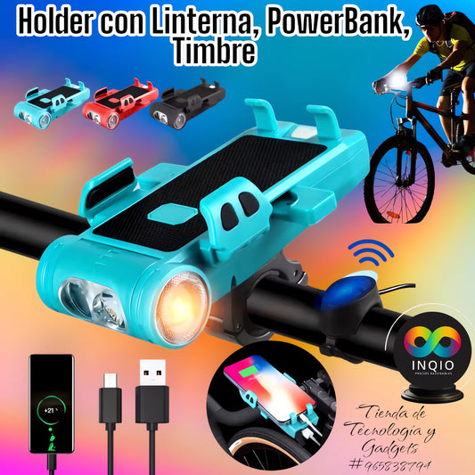 🚴♂️ HOLDER CON LINTERNA, POWERBANK Y TIMBRE – ¡TODO EN UNO PARA TU MOTO O BICICLETA! 🔦🔋🔔