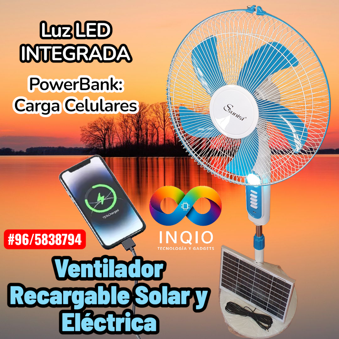 Ventilador Recargable Solar y Eléctrico 3 Velocidades | Luz LED y PowerBank USB 🌬🔋