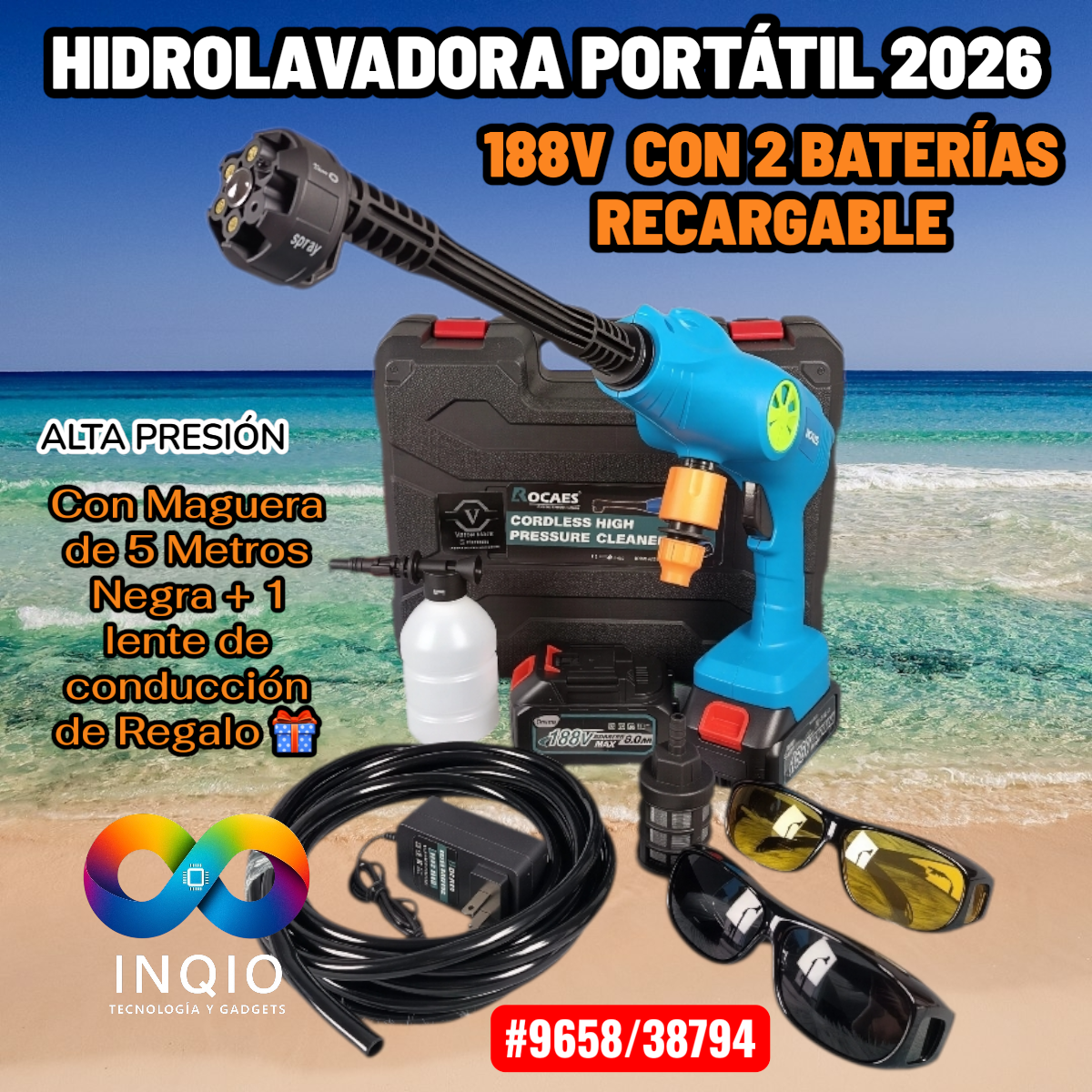 Hidrolavadora Portátil Inalámbrica Power 2026, con Doble Batería de 188V, Alta Presión