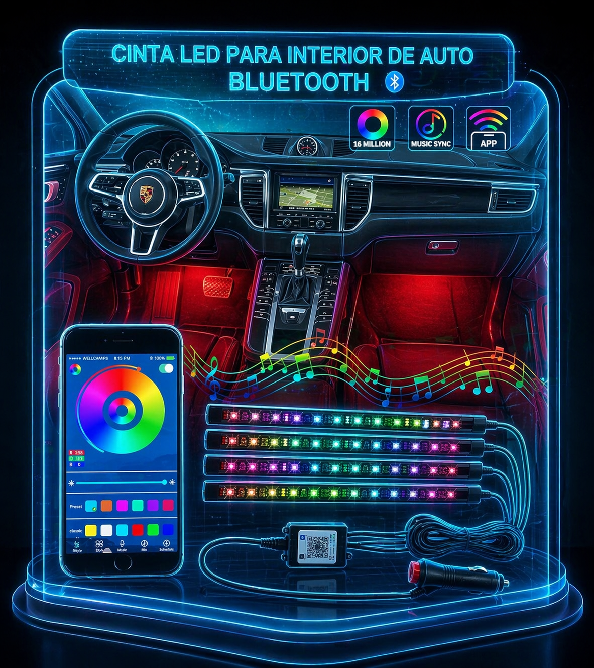 ✨ Cinta LED para Interior de Auto Bluetooth 🚗💡