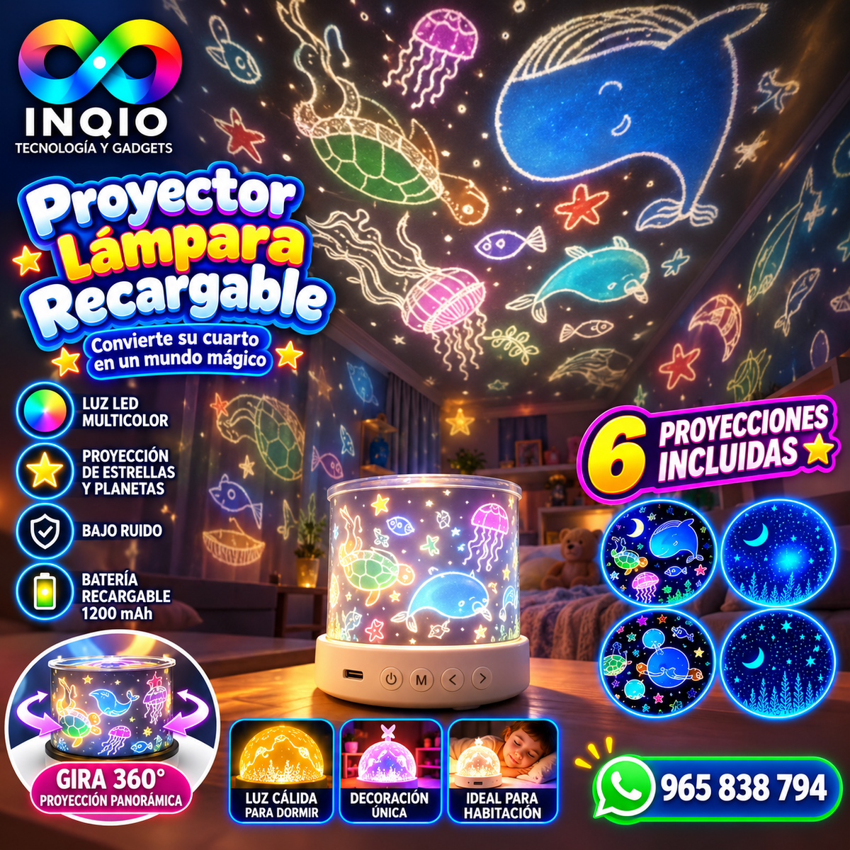 Proyector Lámpara Recargable LED Multicolor 360° 6 Proyecciones