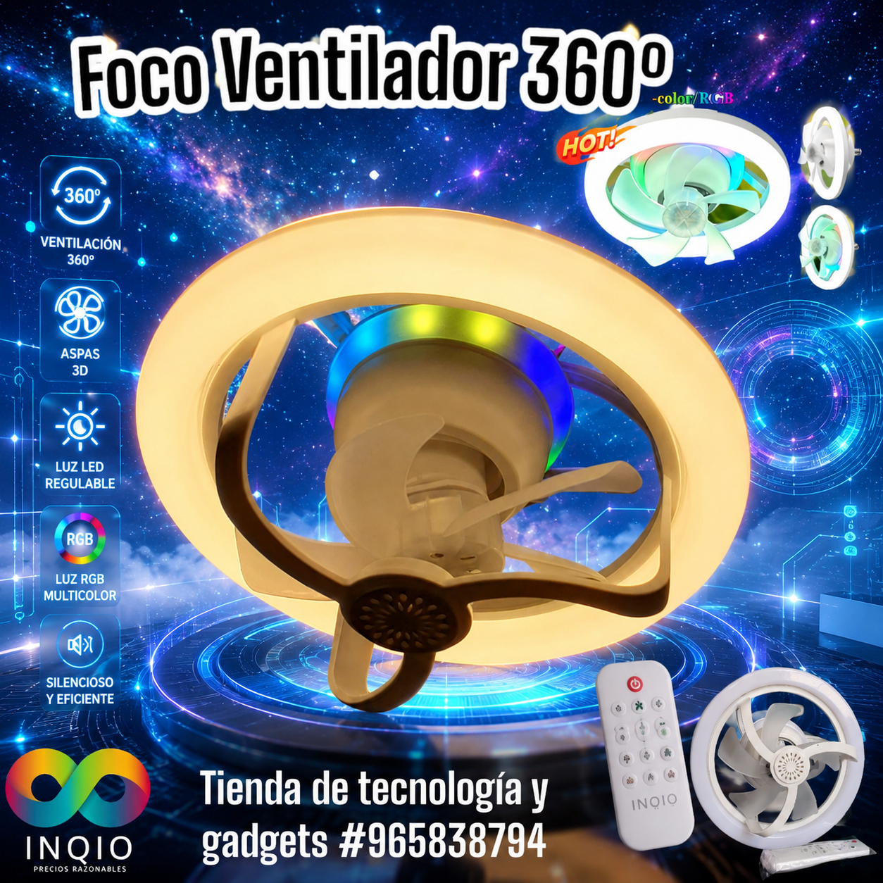 🌀 FOCO VENTILADOR 360º CON CONTROL REMOTO – ¡FRESCURA, LUZ Y AROMATERAPIA EN UN SOLO DISPOSITIVO! 🌈✨