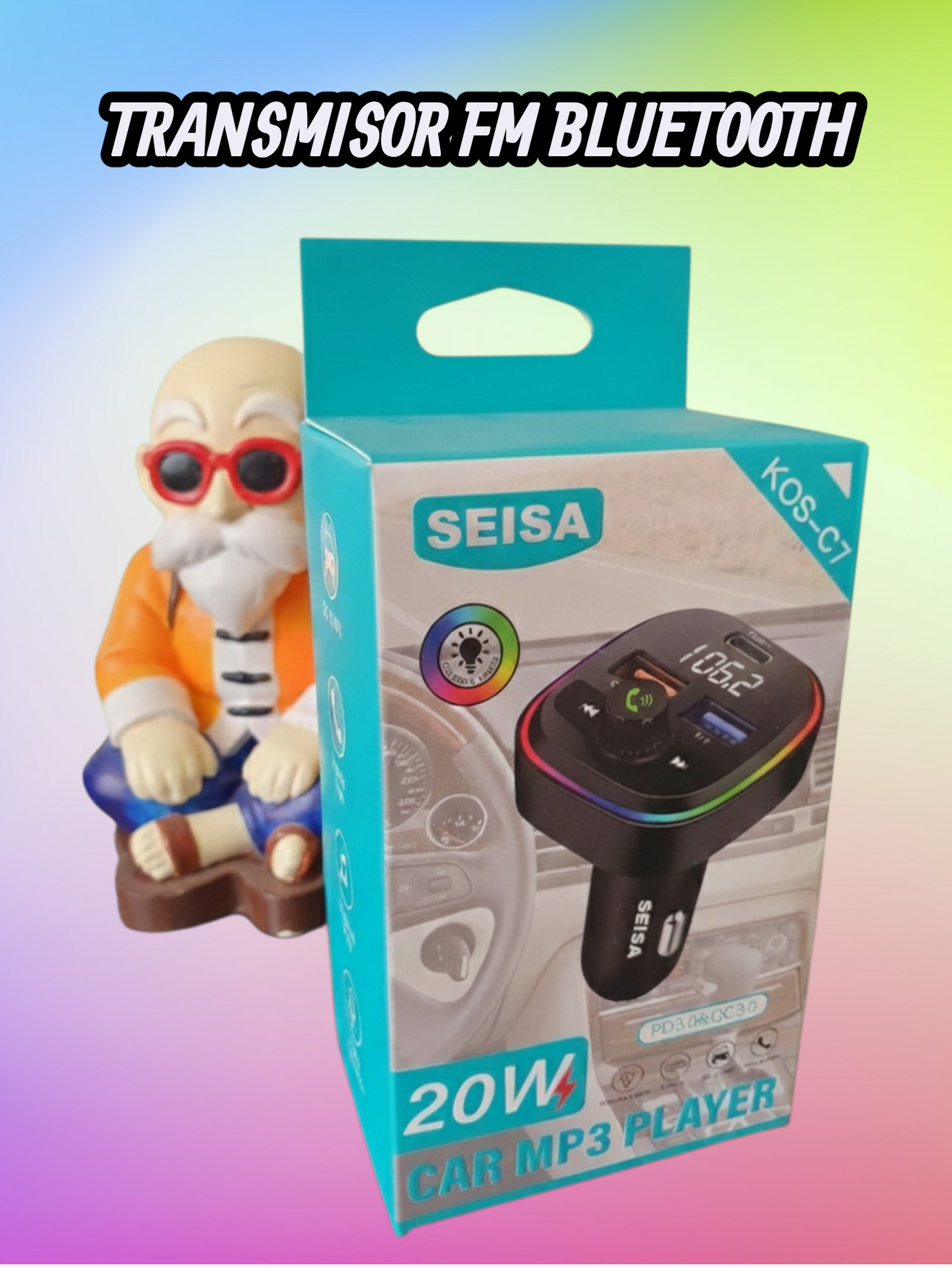 Transmisor FM Bluetooth SEISA KOS-C7 | Cargador Rápido 20W PD/QC 3.0 | MP3 Player Auto con Luces RGB