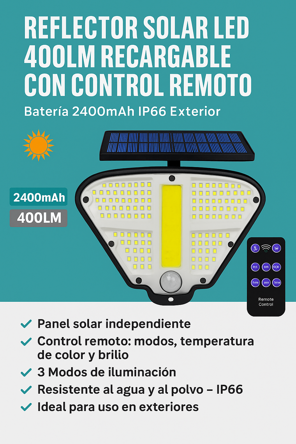 Reflector Solar LED 400LM Recargable con Control Remoto