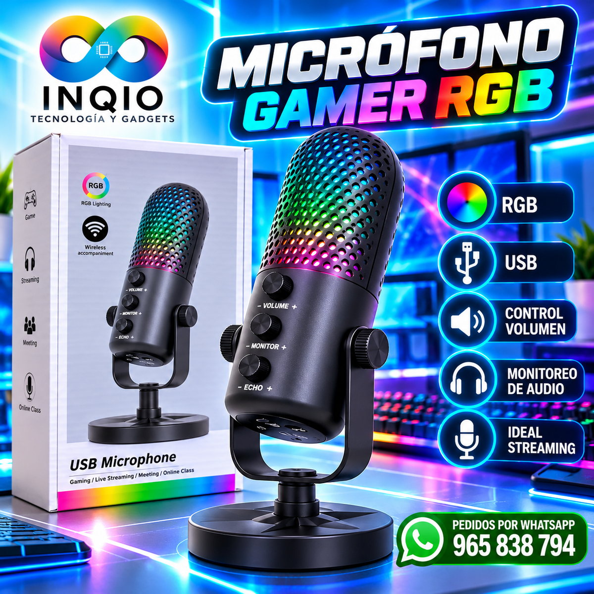 Micrófono Gamer RGB USB para PC con Control de Volumen y Monitoreo de Audio