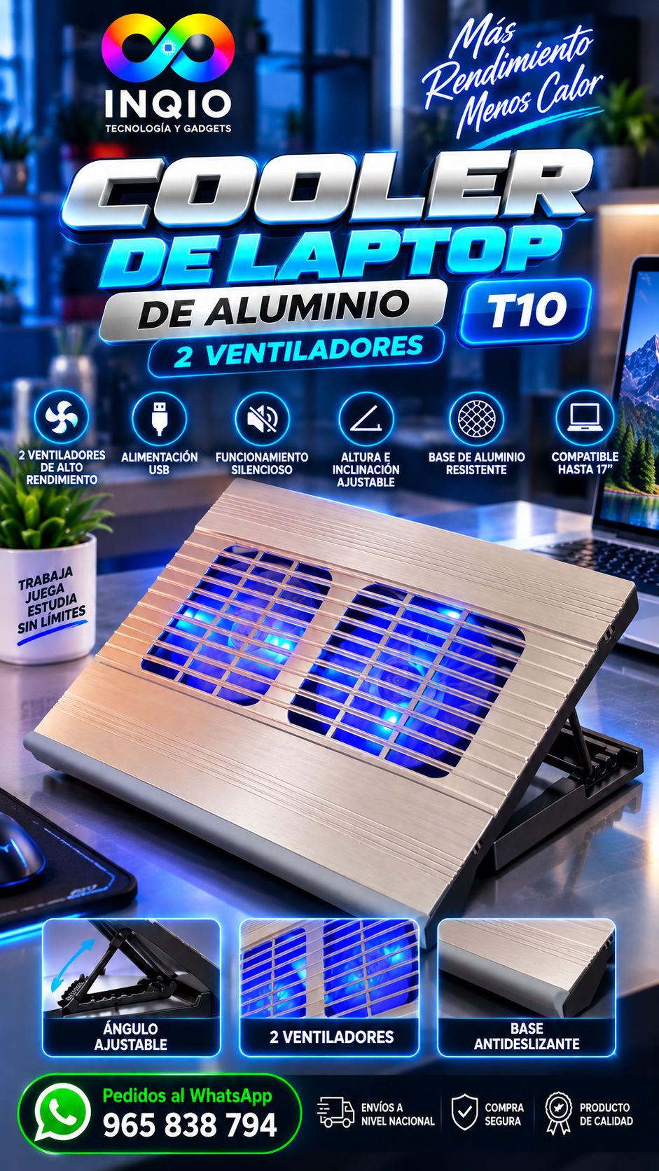 Cooler para Laptop de Aluminio T10 | 2 Ventiladores USB hasta 17”