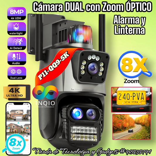 📹 CÁMARA DE SEGURIDAD INTELIGENTE CON DOBLE LENTE, ZOOM ÓPTICO, ALARMA Y LINTERNA 🔦