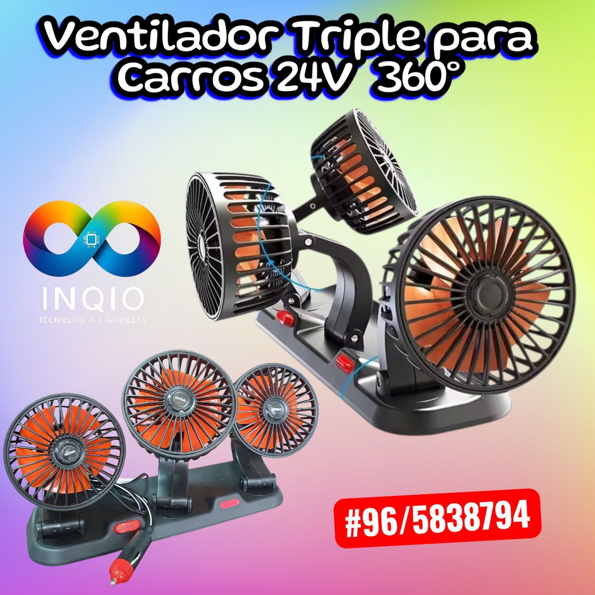 Ventilador Triple 24V para Camión, Bus, auto, SEISA Motor Cobre. Aire Potente 360° Bajo Ruido
