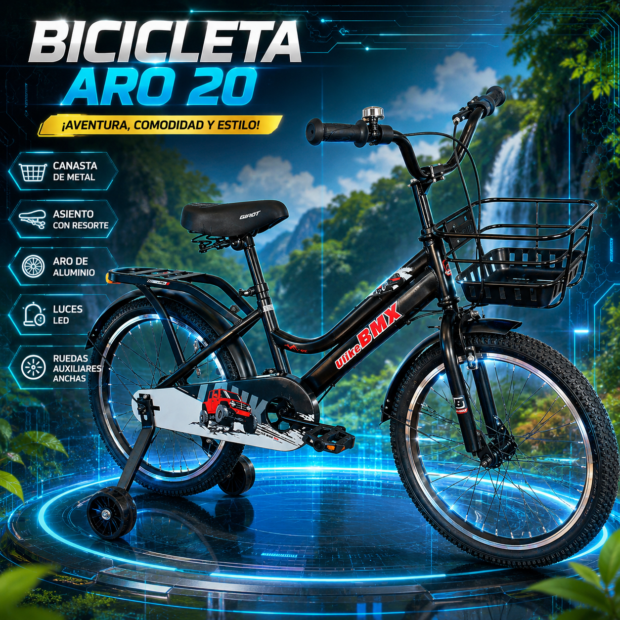 Bicicleta Aro 20 con Canasta de Metal, Luces, Aro de Aluminio, Asiento con Resorte y Ruedas Auxiliar