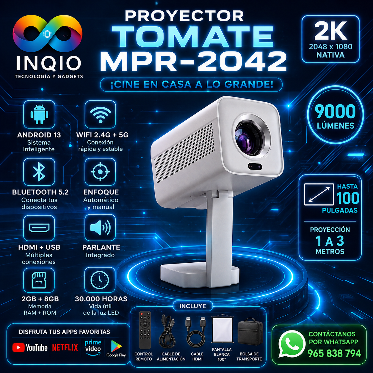 Proyector Smart Tomate MPR-2042 Full HD 2K Android 13, WiFi Bluetooth + Pantalla 100"