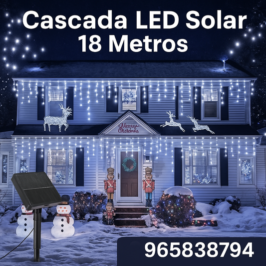 Cortina Cascada LED Solar 18 Metros con Control Remoto y Carga Tipo C – Navidad, Jardín, Exterior