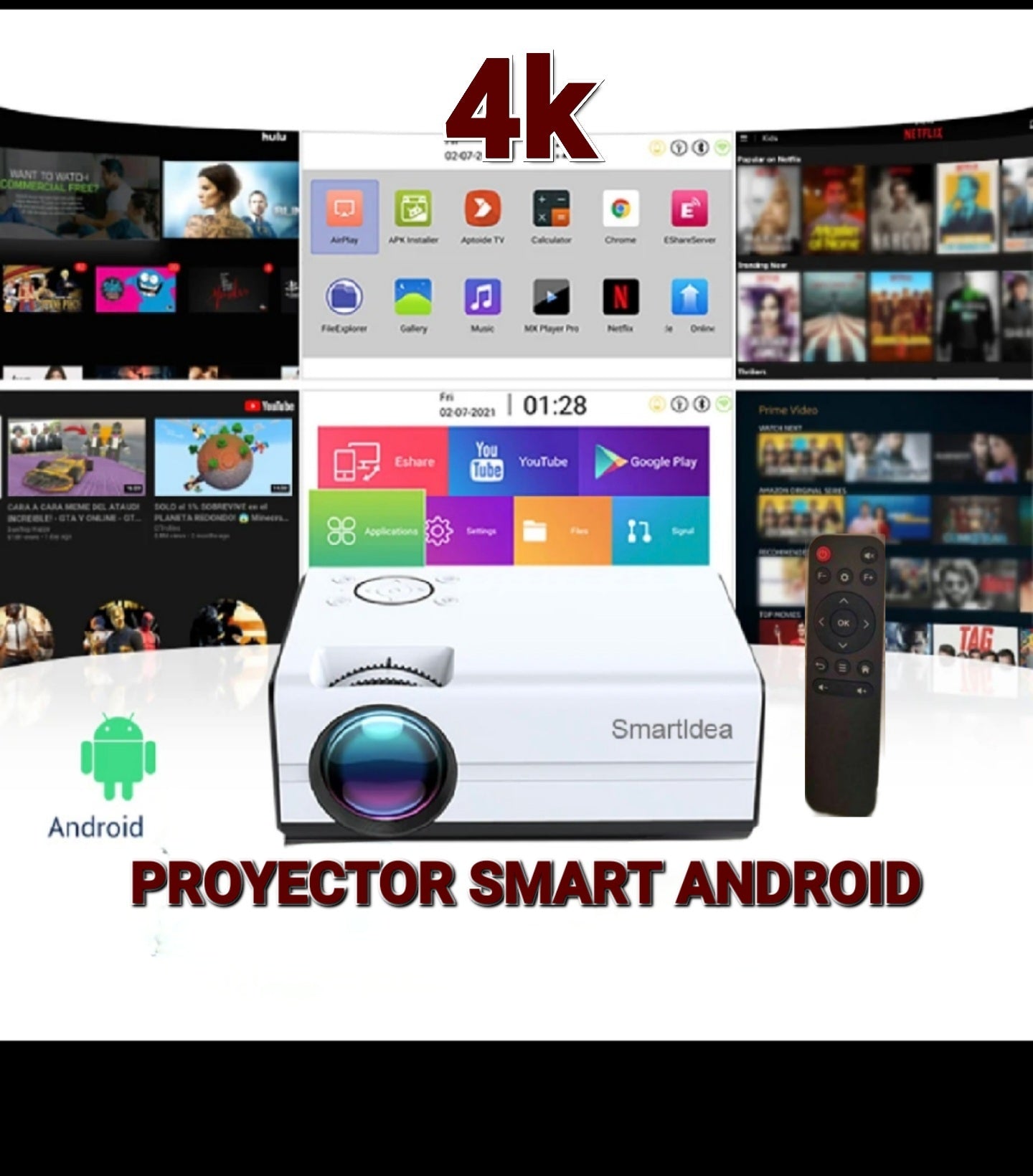 🎥 Proyector Multimedia Ultra HD 1080P + Smart Android de 40" a 130" Pulgadas – Proyección de Alta Definición para tu Entretenimiento 📱🌟