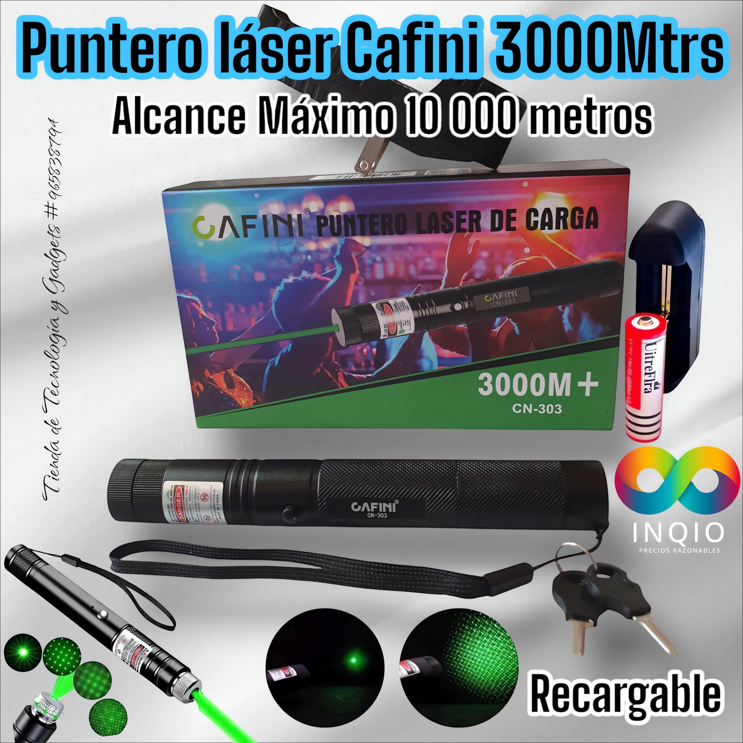 🌟 Puntero Láser Recargable Verde Cafini – Alcance de 3000 Metros para Precisión y Potencia 🔦📏