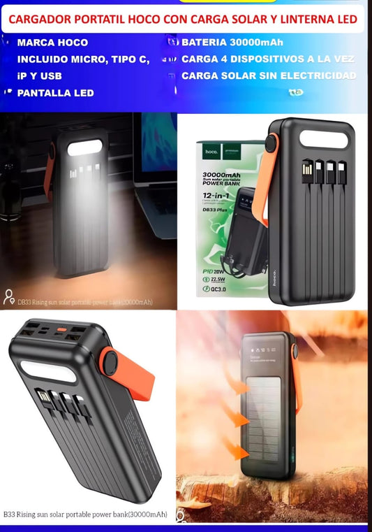 🔋 Power Bank Hoco con Carga Solar y Linterna LED – Energía Inagotable Donde Vayas 🚀☀️
