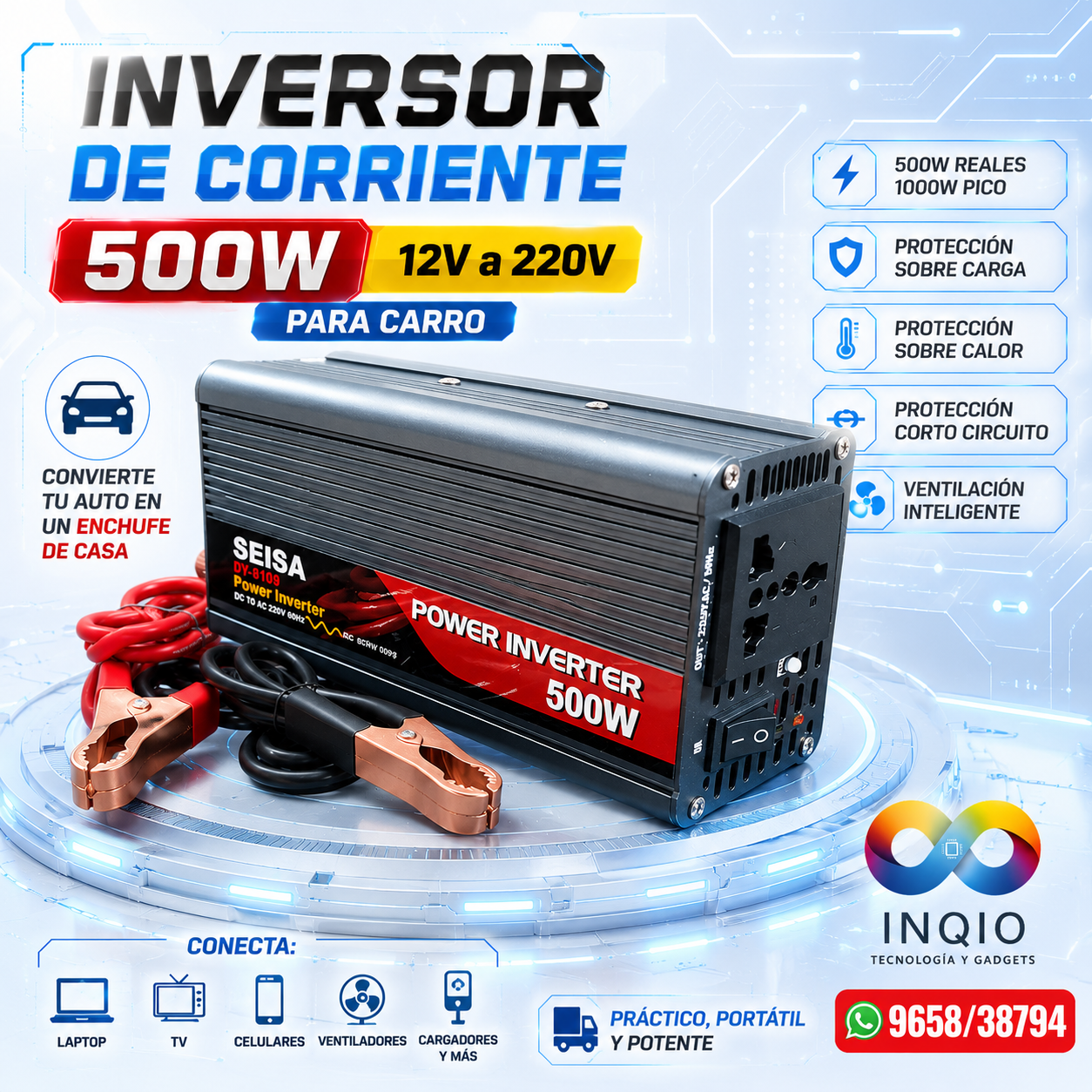 Inversor de Corriente SEISA 500W 12V a 220V para Auto | Convertidor de Energía Onda Modificada DY-8109 con Protección