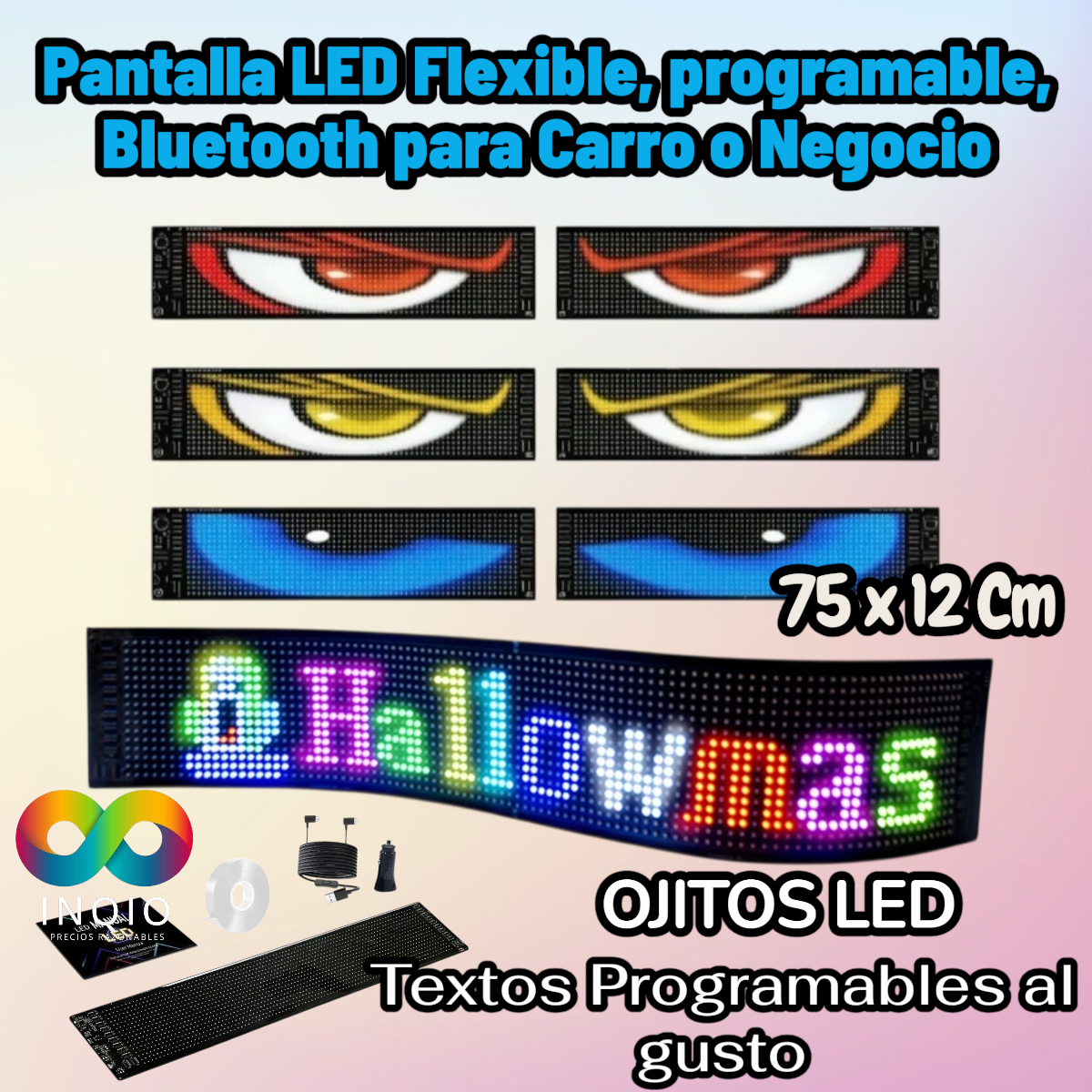 Pantalla LED Flexible 75x12cm Bluetooth RGB | Letrero Programable para Auto y Negocio