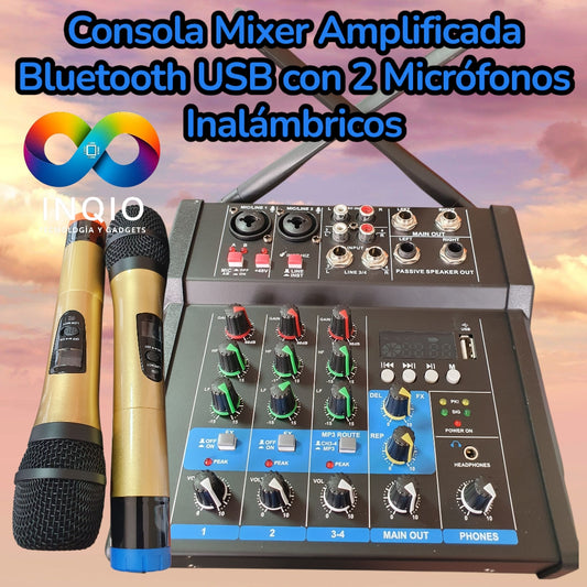 Consola Mixer Amplificada Bluetooth USB con Micrófonos Inalámbricos | Audio Profesional Karaoke DJ