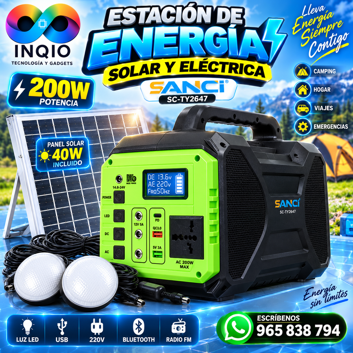 Estación de Energía Solar SANCi 200W + Panel 40W + Parlante ,Bluetooth, Radio FM