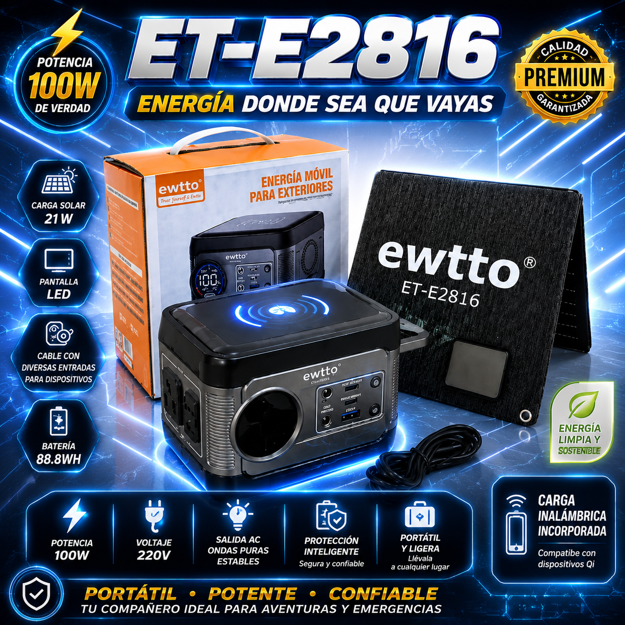 Estación de Energía Portátil Ewtto ET-E2816 100W | Panel Solar 21W + Carga Inalámbrica + Salida 220V