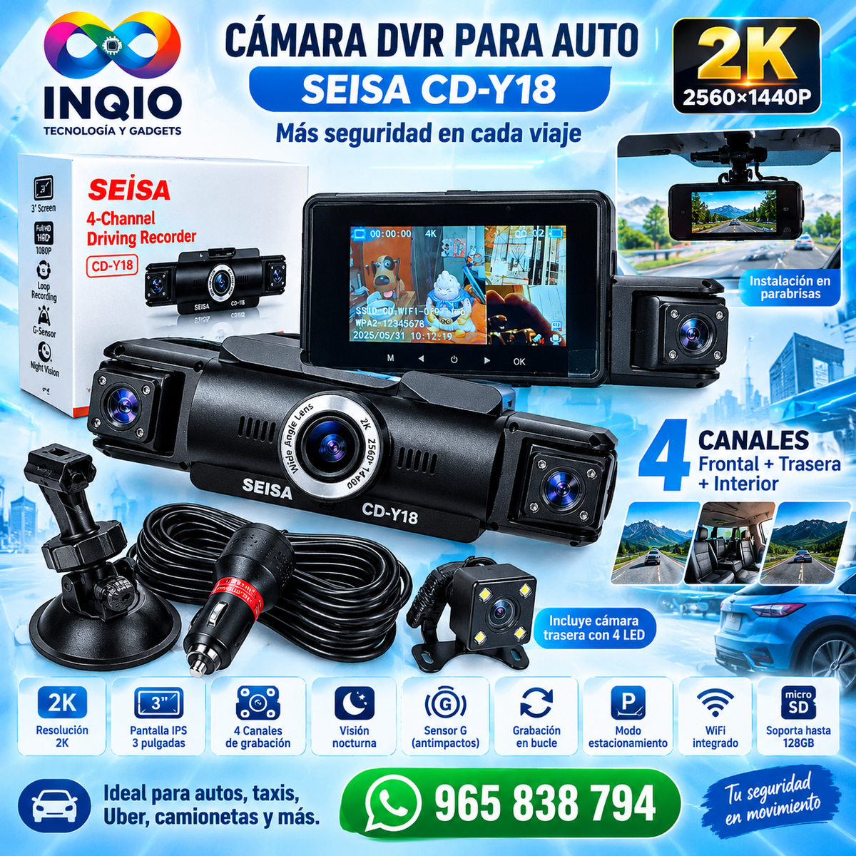 Cámara DVR para Auto SEISA CD-Y18 2K WiFi 4 Canales + Cámara Trasera