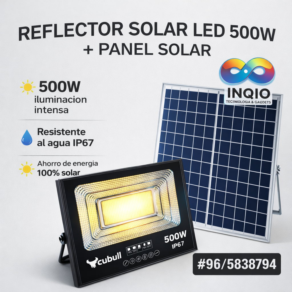 Reflector Solar LED 500W con Panel Solar IP67 – Luz Exterior Alta Potencia Impermeable