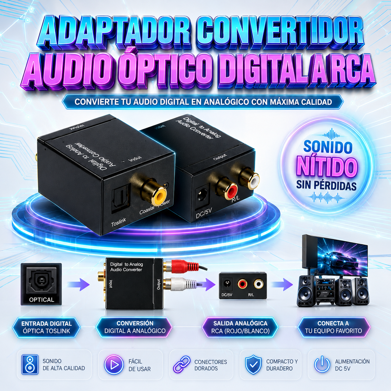 Convertidor Audio Óptico Digital a RCA | Adaptador Toslink a Analógico para TV, PS4 y Equipo de Sonido