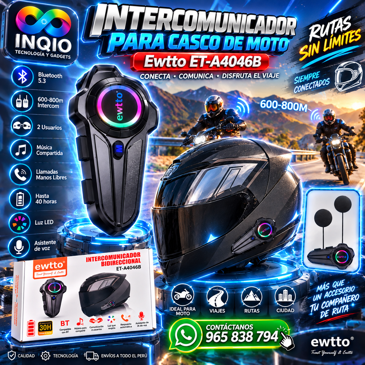 Intercomunicador Bluetooth 5.3 para Casco de Moto Ewtto ET-A4046B 600-800m