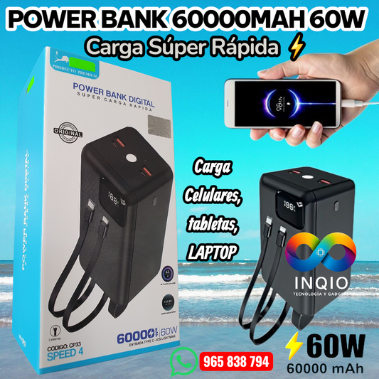 Power Bank Digital 60000 mAh, Carga Súper Rápida 60W | Dual Cable Integrado Pantalla LED