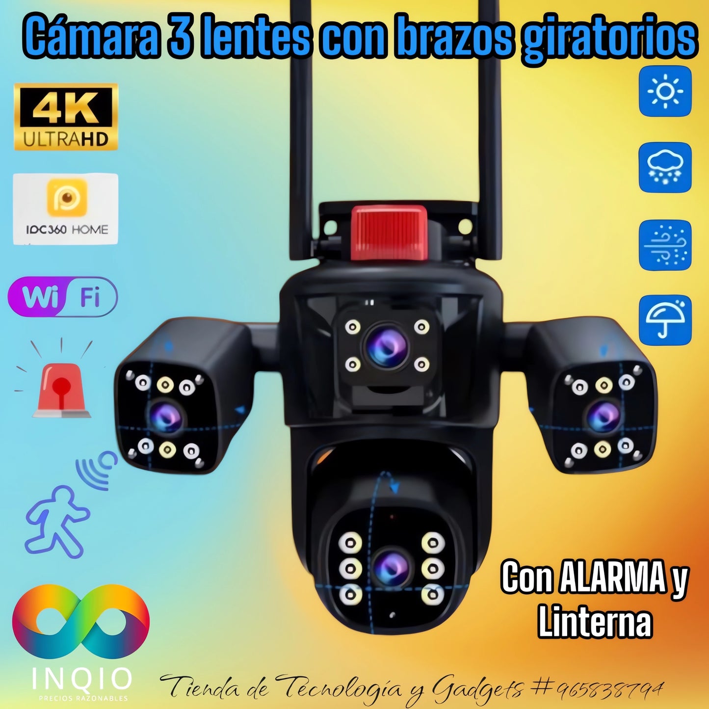 📹 CÁMARA DE SEGURIDAD CON ALARMA, LINTERNA, 3 LENTES Y BRAZOS GIRATORIOS 🔦