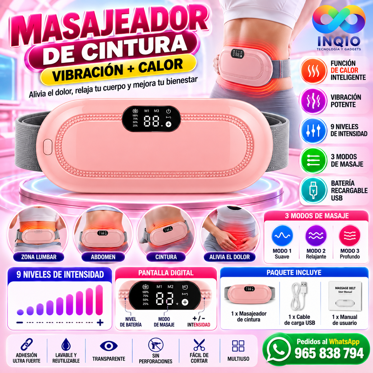 Masajeador de Cintura Eléctrico con Vibración y Calor Recargable USB