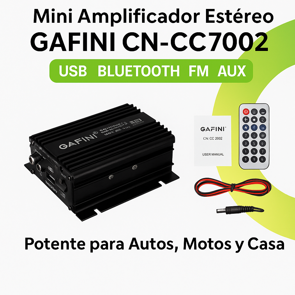 Amplificador GAFINI CN-CC7002 12V USB Bluetooth FM AUX – Sonido Potente para Auto, Moto o Casa