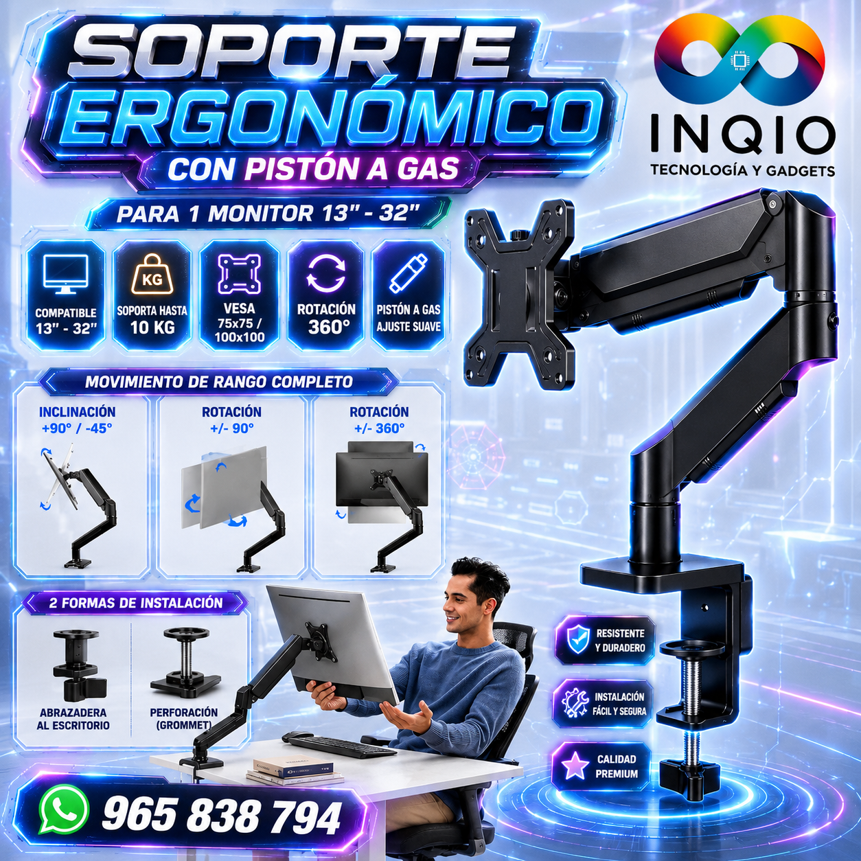 Soporte Ergonómico con Pistón a Gas para 1 Monitor 13"–32" | Brazo Ajustable