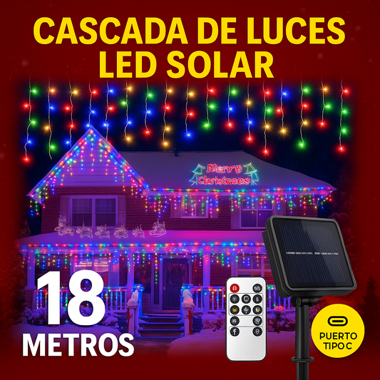 Cascada LED Solar 18 Metros Multicolor con Control Remoto y Tipo C – Luces Navideñas