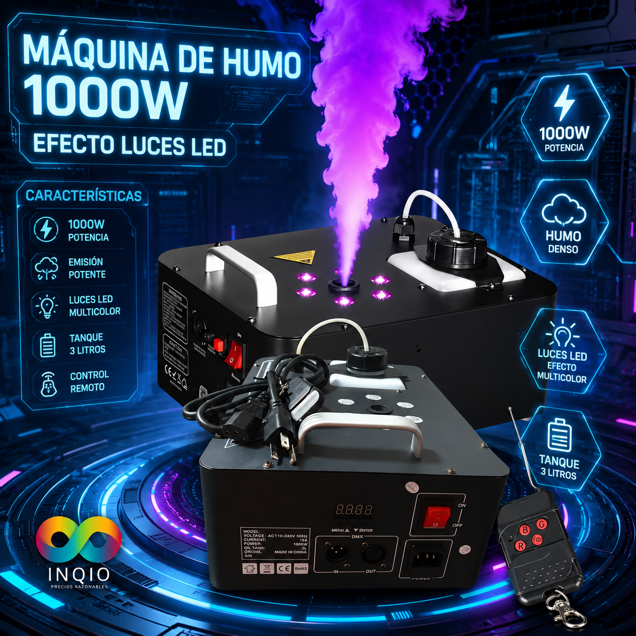 🎮 MÁQUINA DE HUMO 1000W CON EFECTOS DE LUCES LED RGB
