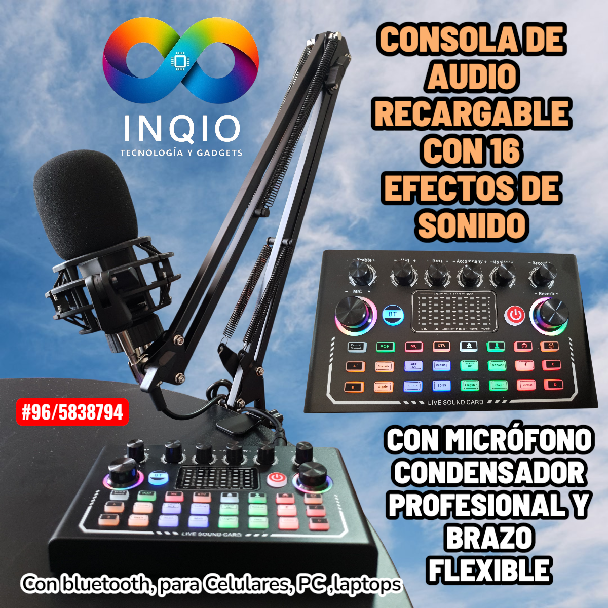 Consola de Audio Recargable con Micrófono Condensador Profesional + 16 Efectos 🎧🔥 | Kit Streaming Bluetooth para PC