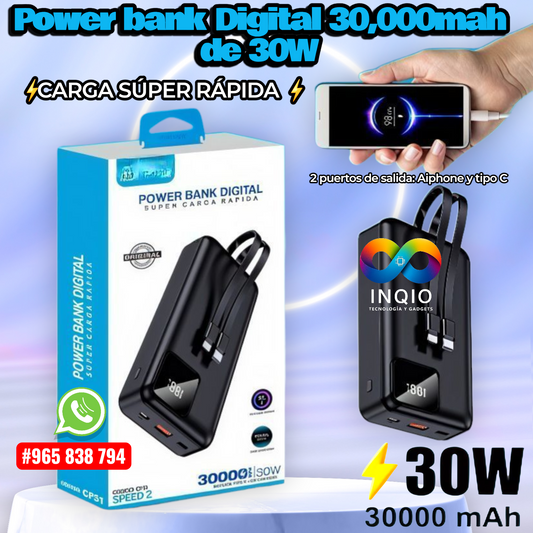 Power Bank 30000mAh Original | Carga Súper Rápida 30W | Pantalla Digital + Doble Cable