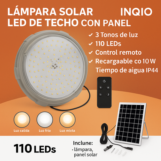 Lámpara Solar LED de Techo con Panel | Control Remoto | 3 Tonos de Luz | Recargable 110 LEDs