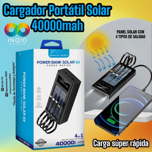 Power Bank Solar 40000mAh 40W 🔋 Carga Rápida 4 en 1 con Cables Incorporados