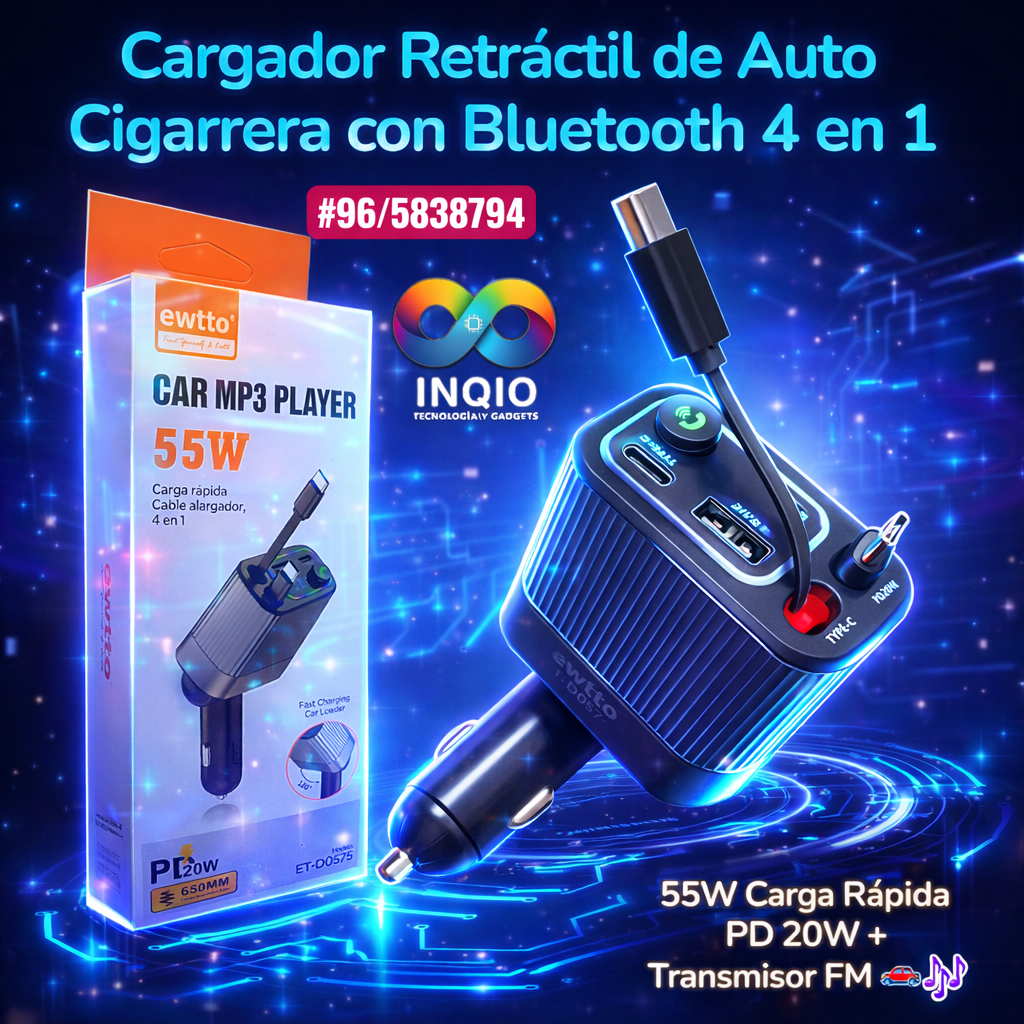 Cargador Retráctil de Auto Cigarrera con Bluetooth 4 en 1 ⚡ 55W Carga Rápida PD 20W + Transmisor FM 🚗🎶