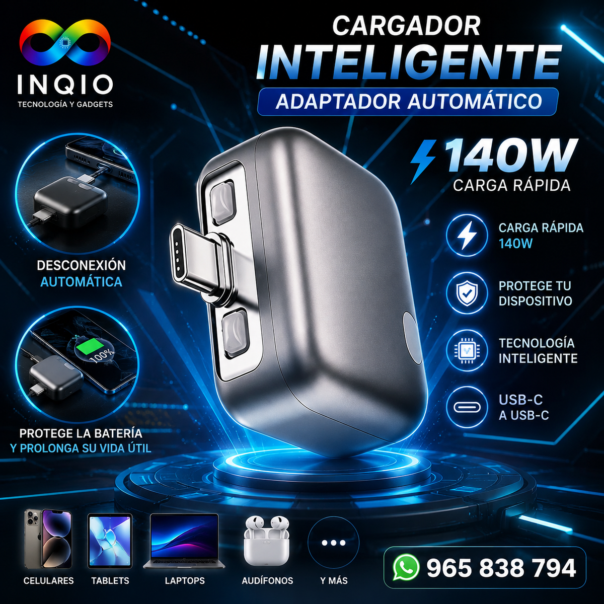 🔌 Cargador Inteligente USB-C a USB-C 140W | Adaptador Automático de Carga