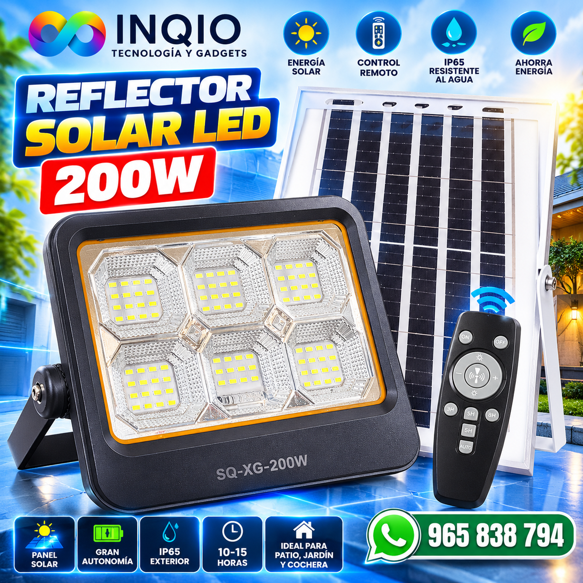 ☀️ Reflector Solar LED SEISA SQ-XG-200W con Panel Solar y Control Remoto IP65 | Iluminación Exterior