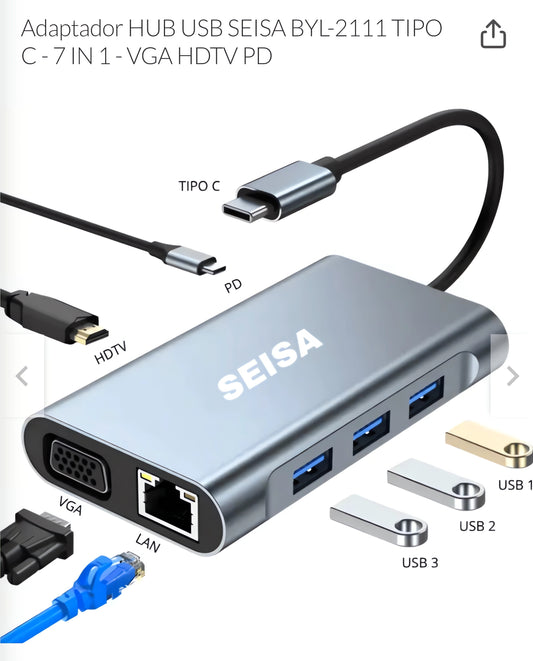 🚀ADAPTADOR HUB USB SIESA BYL-2111 TIPO C 7 EN 1 – CONEXIÓN VERSÁTIL Y COMPACTA✨