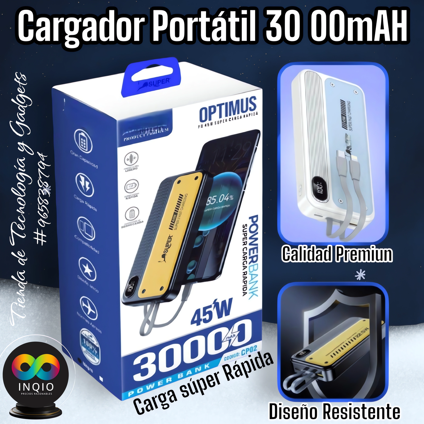 🚀 POWERBANK 30000MAH 45W – ENERGÍA POTENTE Y PORTÁTIL ✨