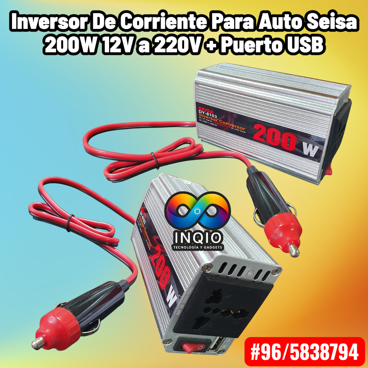 Inversor de Corriente 200W 12V a 220V para Auto + USB | Convertidor Cargador para Laptop Celular TV
