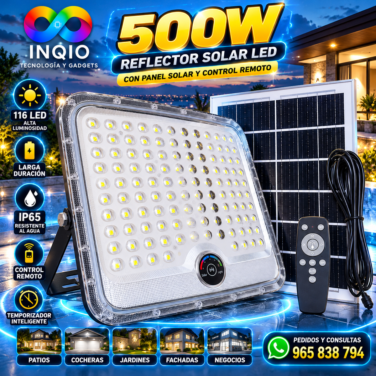 Reflector Solar LED 500W con Panel Solar y Control Remoto IP65 para Exterior