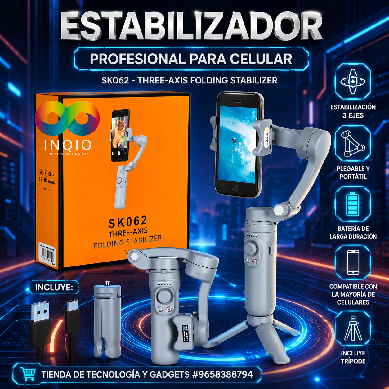 Estabilizador Gimbal 3 Ejes SK062 para Celular Bluetooth Trípode Incluido 🎥🔥