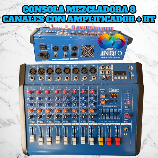 Consola de Audio Mezcladora 8 Canales con Amplificador + Bluetooth