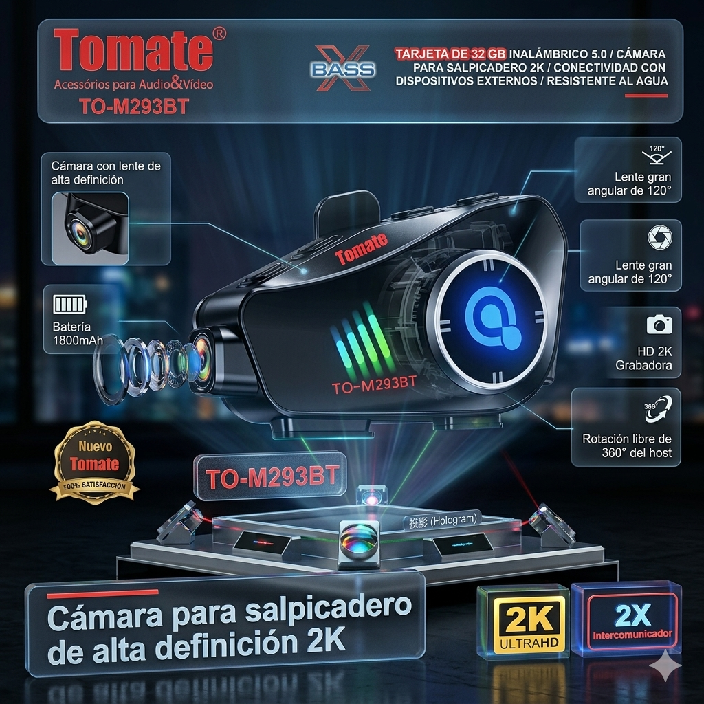 Intercomunicador Para Casco Con Cámara 2K Bluetooth 5.4 Tomate TO-M293BT Impermeable IP56 Grabación HD Moto