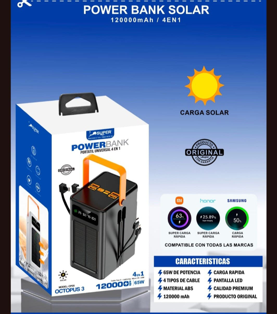 Power Bank Solar 120000mAh 65W | Carga Rápida 4 en 1 con Cables Integrados | Portátil para Viajes y Camping